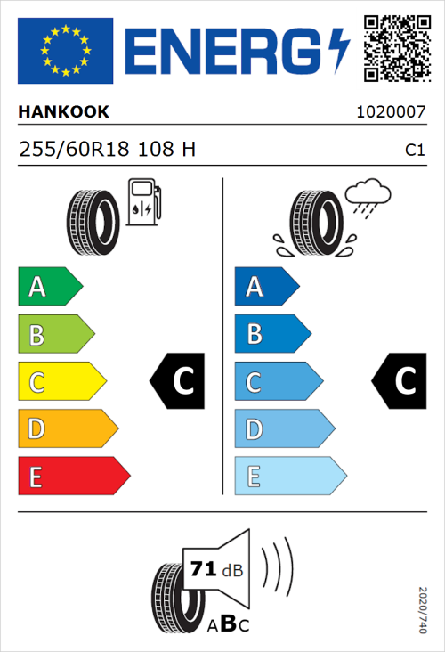 Tyre Label for Hankook Dynapro HP2 (RA33) 255/60R18 108H