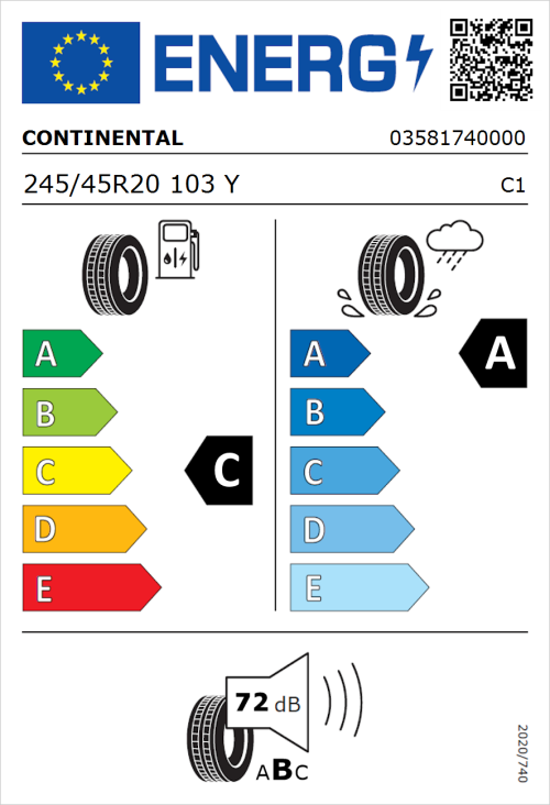Tyre Label for Continental PremiumContact 6 CS 245/45R20 103Y