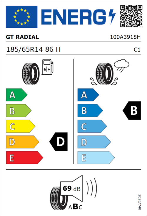 Tyre Label for GT Radial FE1 City 185/65R14 86H